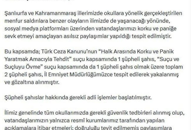 Denizli'de okul saldırılarıyla ilgili yanıltıcı paylaşımlar yapan 2 şüpheli gözaltına alındı