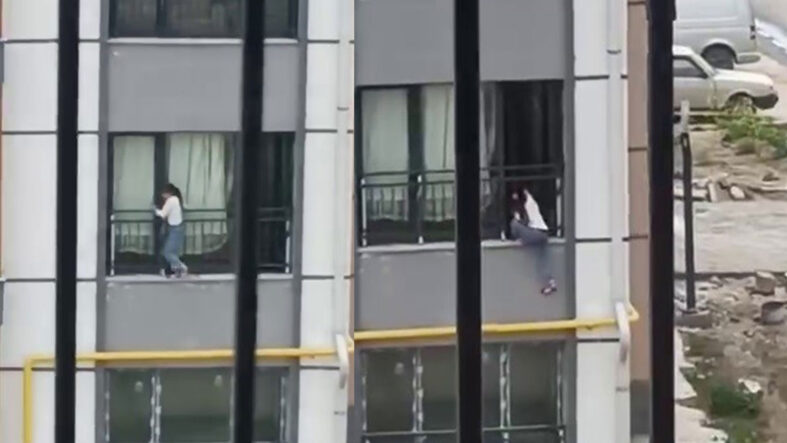 Camdan çıkarak korkulukta gezinen çocuk, yürekleri ağza getirdi