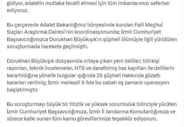 ‘Dorukhan Büyükışık' soruşturmasında İzmir merkezli operasyon: 26 kişiye gözaltı kararı