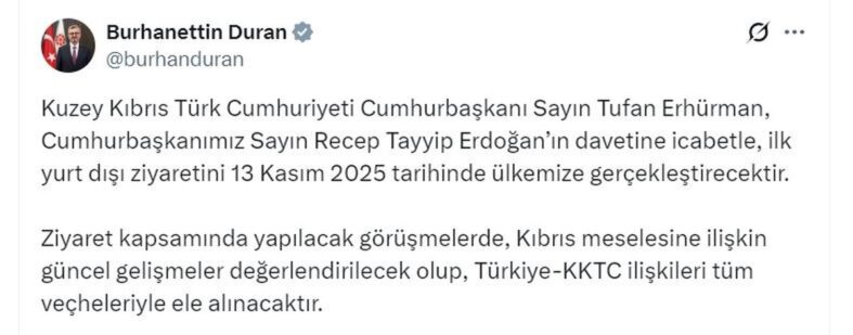 KKTC Cumhurbaşkanı Erhürman, 13 Kasım'da Türkiye'yi ziyaret edecek